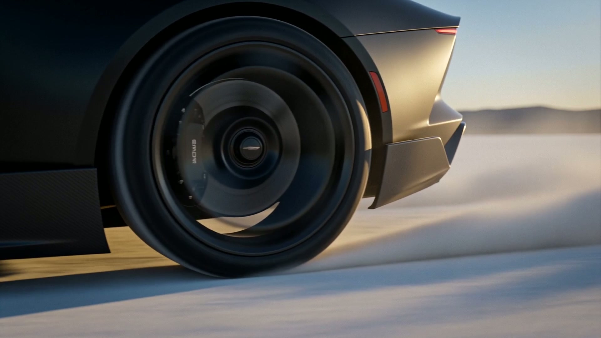 Wheel-level shot of the VANTA at speed across the desert flat